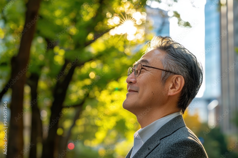 Middle-aged Japanese man in business attire, smiling while looking at camera from the side, with a blurred background of green trees in the background,generated ai. Middle-aged Japanese man in business attire, smiling while looking at camera from the side, with a blurred background of green trees in the background,generated ai.