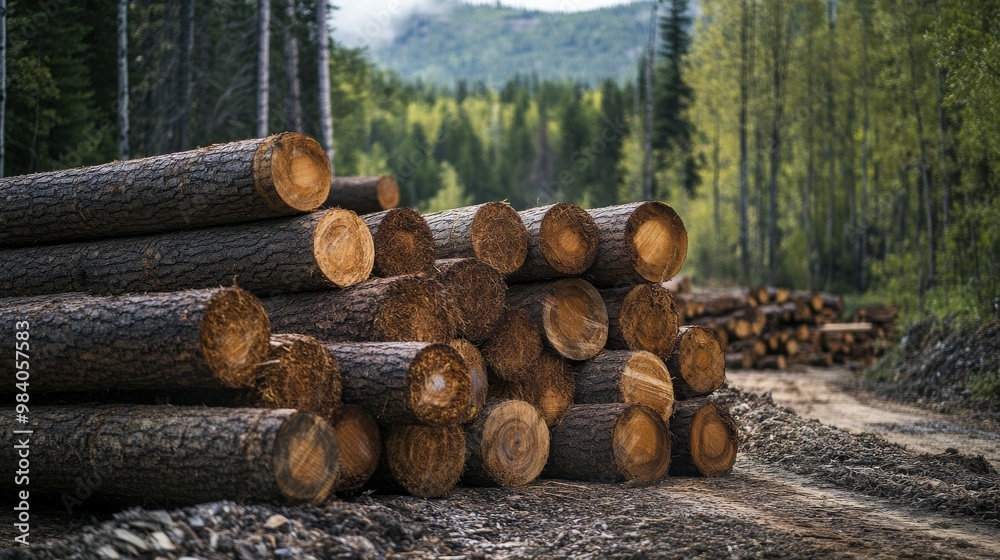 The logging industry uses wood from forests. They pile up logs, especially spruce logs. They also saw trees into planks. The logging industry uses wood from forests. They pile up logs, especially spruce logs. They also saw trees into planks.