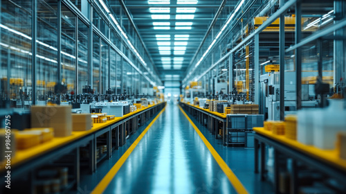 A vibrant manufacturing facility with rows of machines and stacks of yellow products during daylight operations