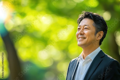 Middle-aged Japanese man in business attire, smiling while looking at camera from the side, with a blurred background of green trees in the background,generated ai.