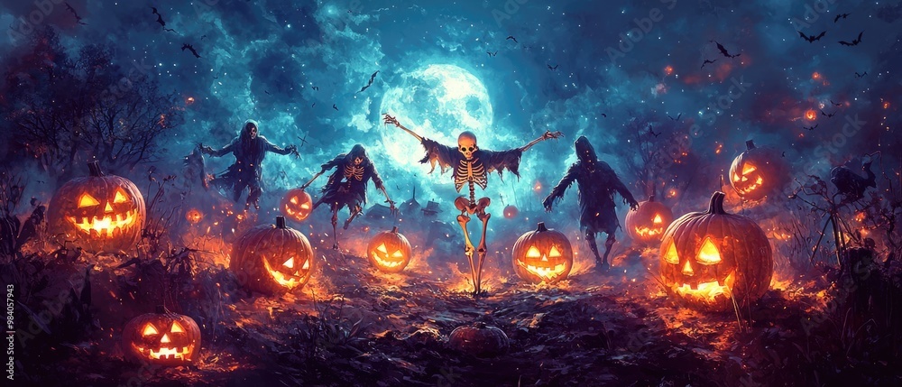 Spooky Skeletons Dancing Under the Moonlight in a Haunted Graveyard Surrounded by Glowing Pumpkins Spooky Skeletons Dancing Under the Moonlight in a Haunted Graveyard Surrounded by Glowing Pumpkins