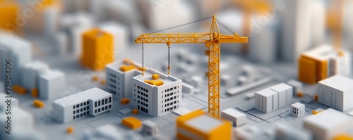 3D isometric construction site model with buildings and cranes