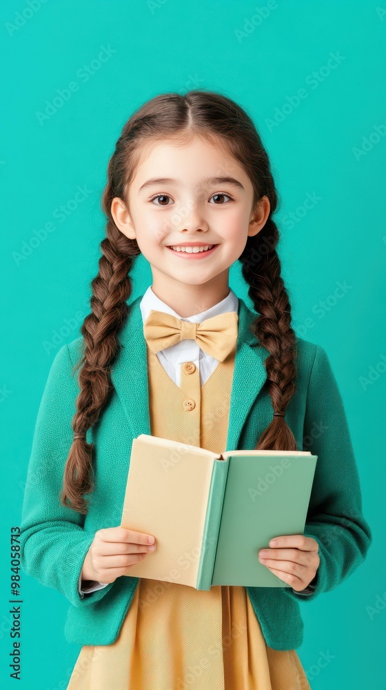A cheerful school girl smiles widely while holding a book, captured in vibrant blue and green hues in a studio setting. A cheerful school girl smiles widely while holding a book, captured in vibrant blue and green hues in a studio setting.