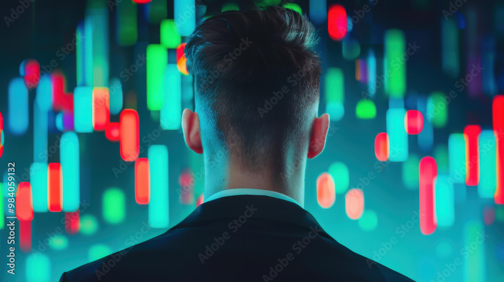 A young businessman analyzes finance data with a unique candlestick chart in a modern office setting. A young businessman analyzes finance data with a unique candlestick chart in a modern office setting.