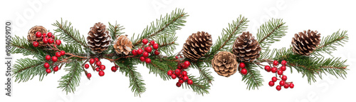 A Border Frame Made of Christmas Tree Branches, Red Berries, and Pine Cones. Isolated on a Transparent Background. Cutout PNG.