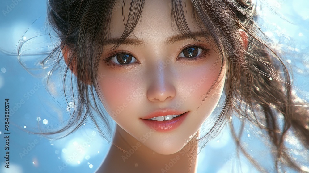 A stunning East Asian woman radiates beauty with her brown hair, bright smile, and captivating brown eyes in high detail. A stunning East Asian woman radiates beauty with her brown hair, bright smile, and captivating brown eyes in high detail.