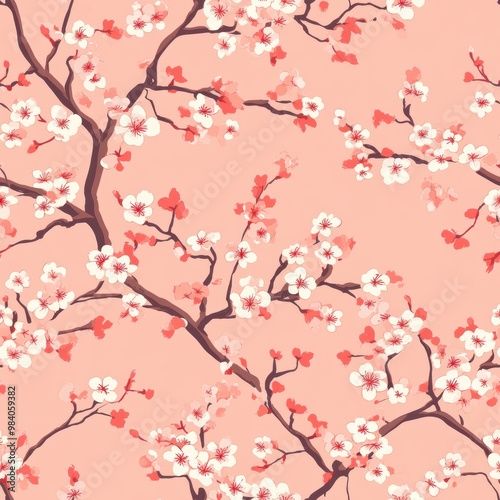 Beautiful cherry blossom floral pattern featuring delicate white flowers and rosy accents on a soft pink background, perfect for spring-themed designs.