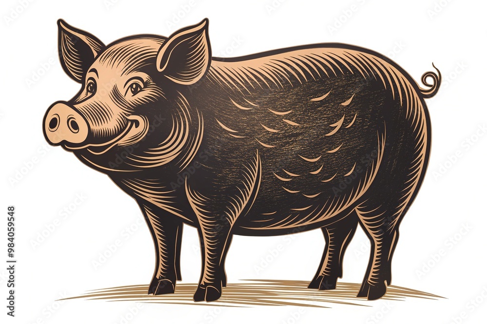 Fototapeta premium A joyful hand-drawn pig stands tall, facing forward with an encouraging smile, its ears perked up and snout slightly raised in a friendly demeanor.
