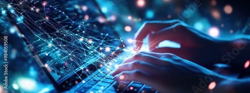 Algorithm tester analyzing systems in data facility server racks digital technology IT support network infrastructure concept banner