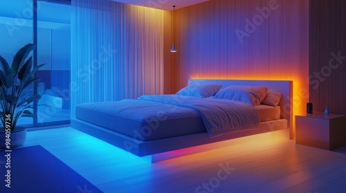 A modern bedroom featuring ambient lighting in blue and orange hues, creating a cozy and inviting atmosphere with a plant and stylish decor.