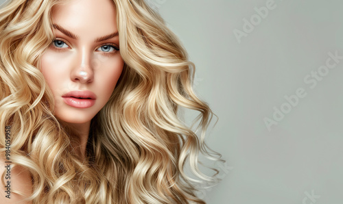 Sensual curly hairstyle woman. Blonde fashion model with wavy long hairdo portrait. Volume, coiffure, cosmetic, hair care and hair treatment concept