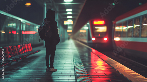 A visual of a person standing alone at a train platform with a distant, sorrowful look as a train departs.A visual of a person standing alone at a train platform with a distant, sorrowful look as a tr