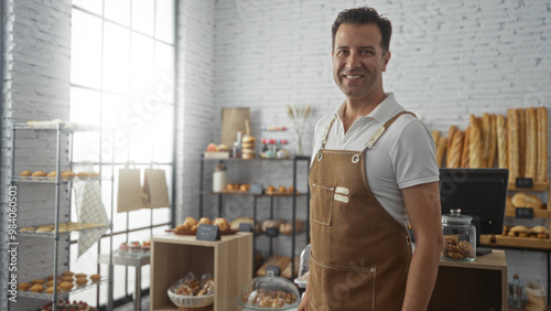 Handsome hispanic man working in an indoor bakery shop with various baked goods displayed in the background