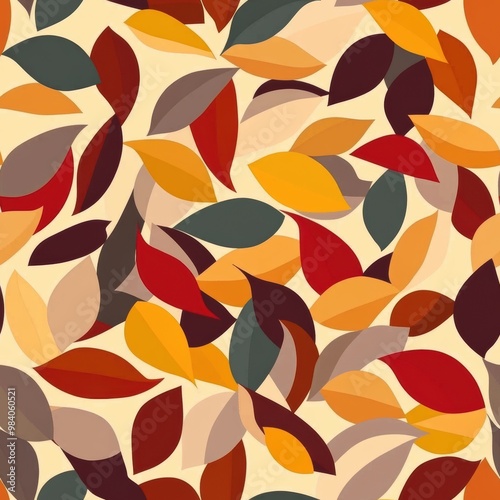 A vibrant and dynamic pattern featuring an array of colorful leaves in autumn tones. Perfect for backgrounds, textiles, or seasonal decor projects.