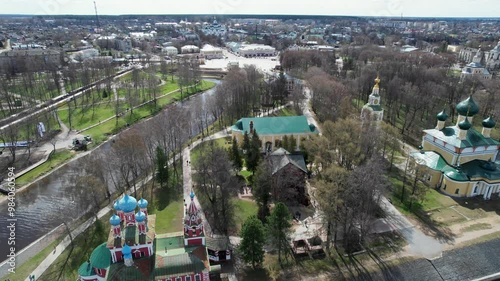 Aerial view Uglich city and Uglich Kremlin, the main attraction of the city. Point of interest High quality 4k footage