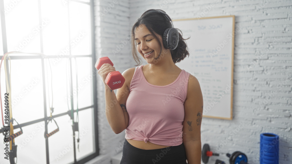 Young brunette woman exercising with a dumbbell inside a gymnasium, wearing headphones, and smiling while wearing pink workout clothing. Young brunette woman exercising with a dumbbell inside a gymnasium, wearing headphones, and smiling while wearing pink workout clothing.