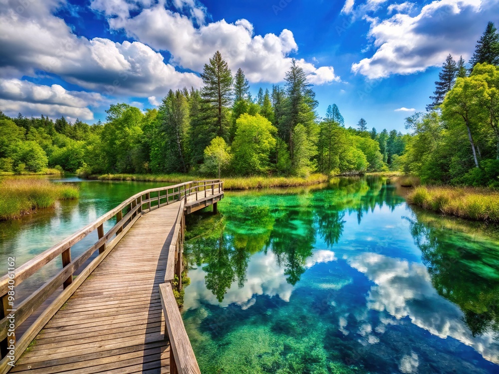 A serene and majestic scenic view of Michigan's largest freshwater spring, surrounded by lush greenery and wooden boardwalk, reflecting the vibrant blue sky. A serene and majestic scenic view of Michigan's largest freshwater spring, surrounded by lush greenery and wooden boardwalk, reflecting the vibrant blue sky.