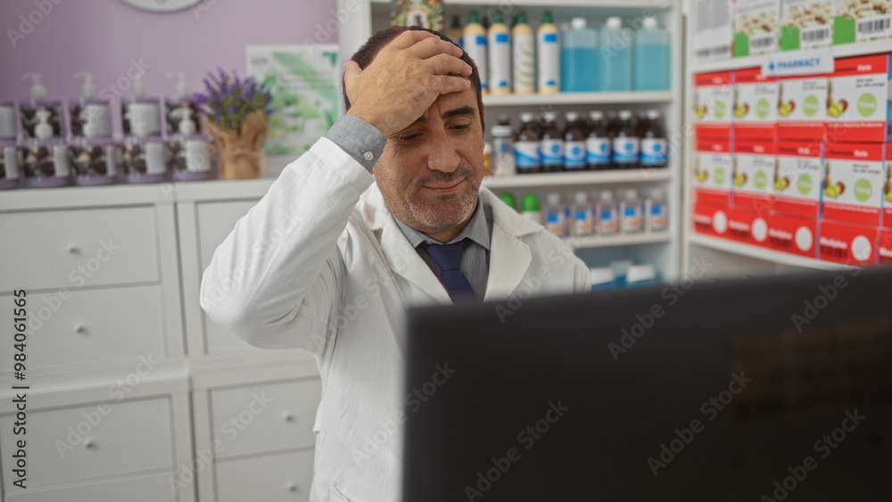 A middle-aged hispanic man, looking frustrated, stands in a pharmacy wearing a white lab coat in an indoor setting surrounded by various medications and health products. A middle-aged hispanic man, looking frustrated, stands in a pharmacy wearing a white lab coat in an indoor setting surrounded by various medications and health products.