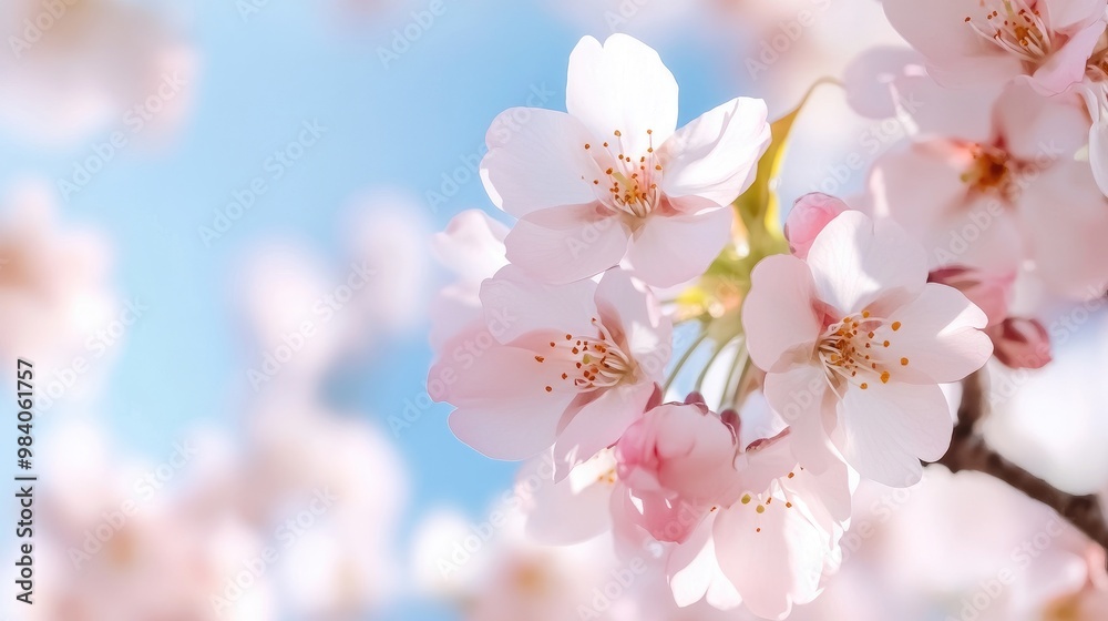 A serene close-up of delicate pink cherry blossoms against a soft blue sky, embodying the beauty of springtime and natural elegance. A serene close-up of delicate pink cherry blossoms against a soft blue sky, embodying the beauty of springtime and natural elegance.