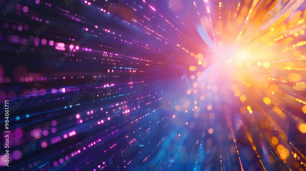 Naklejka premium A background image with a high-tech, futuristic design in shades of purple, blue, and black. The scene is lit by a beautiful golden light from above, highlighting the intricate tech lines and adding a