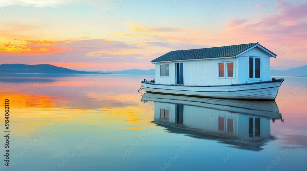 A tranquil off-white painted houseboat anchored in a quiet bay, with calm waters reflecting the colorful sunset and distant hills A tranquil off-white painted houseboat anchored in a quiet bay, with calm waters reflecting the colorful sunset and distant hills