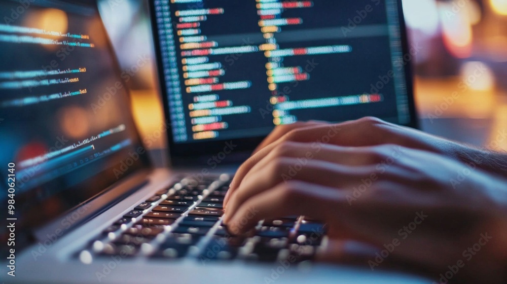 A close-up of a programmer's hands typing on a laptop keyboard with code displayed on the screen, symbolizing software development, coding, and modern technology. A close-up of a programmer's hands typing on a laptop keyboard with code displayed on the screen, symbolizing software development, coding, and modern technology.