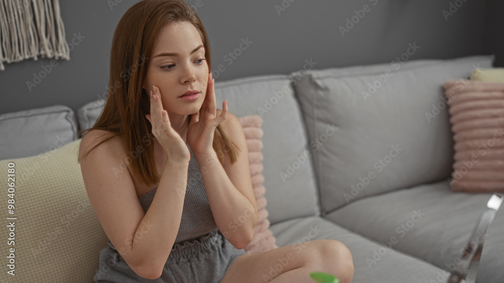 Young, redhead, woman in a living room gently touches her face while looking into a mirror during her self-care routine Young, redhead, woman in a living room gently touches her face while looking into a mirror during her self-care routine