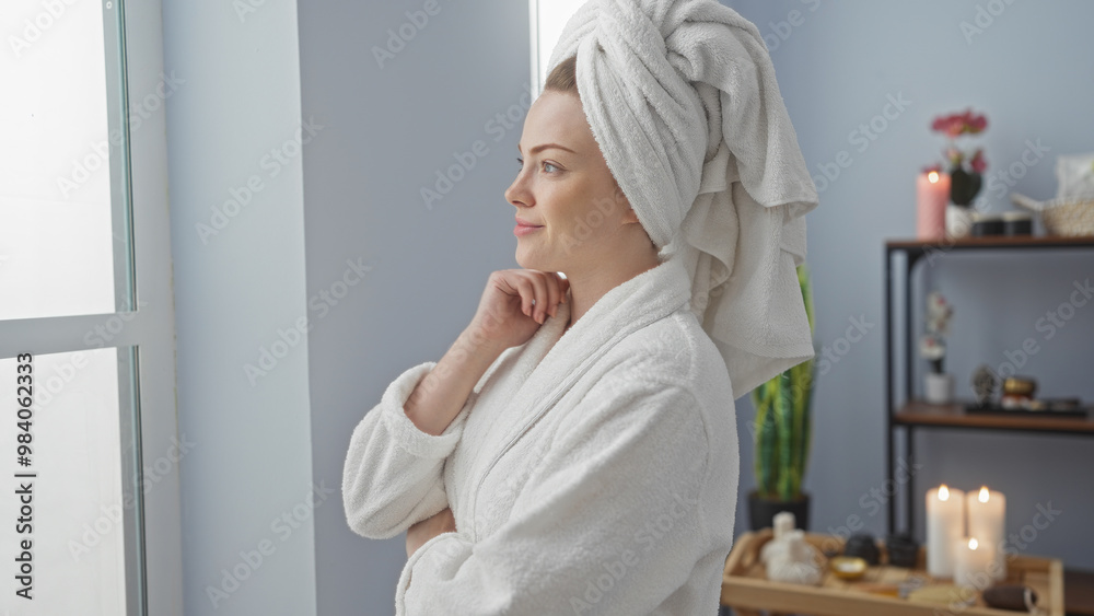Young woman in a spa wearing a bathrobe and towel on her head, looking out the window in a serene wellness center interior Young woman in a spa wearing a bathrobe and towel on her head, looking out the window in a serene wellness center interior