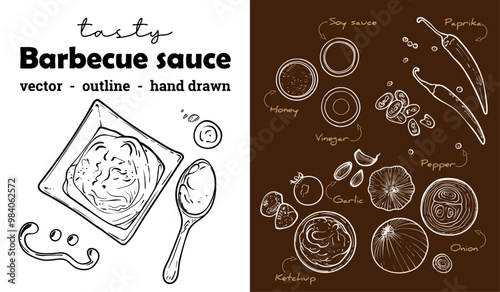 Vector hand drawn outline only barbecue sauce. Recipient with yummy sauce, spoon and ingredients on the side. Awesome food assets for menu design, online and print projects.