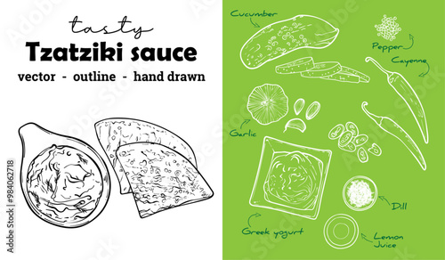 Vector hand drawn outline only tzatziki sauce. Creamy sauce dip with pita and ingredients on the side. Awesome food assets for menu design, online and print projects.