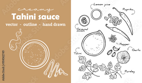 Vector hand drawn outline only tahini sauce. Glass recipient with yummy sauce and ingredients on the side. Awesome food assets for menu design, online and print projects.