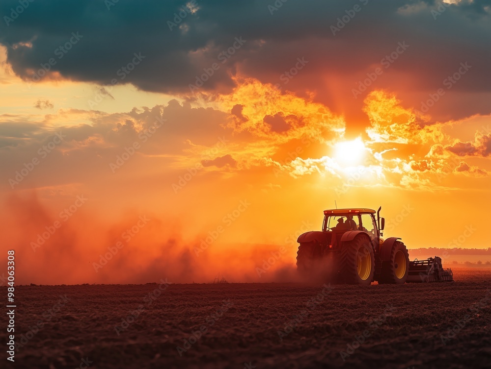 Agricultural combine harvesting on the farming field, beautiful sunset in the background. Agriculture food industry Agricultural combine harvesting on the farming field, beautiful sunset in the background. Agriculture food industry