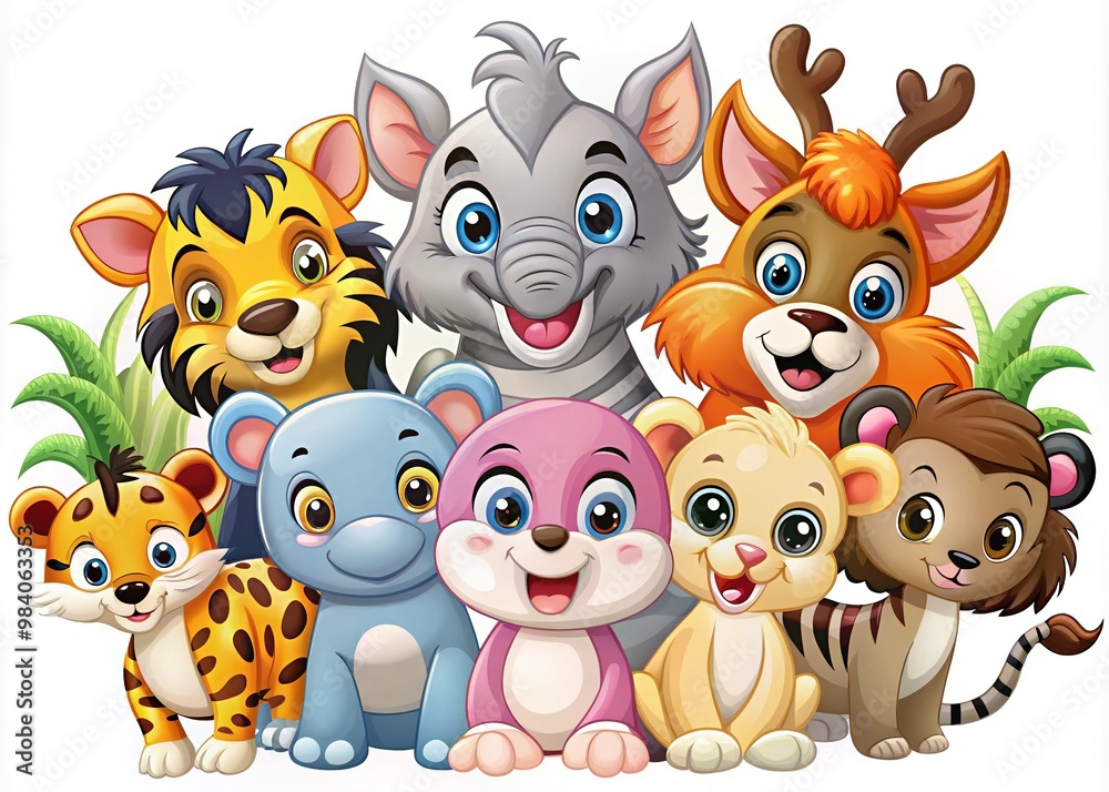 Naklejka premium Adorable cartoon animals, bursting with expressive faces and vibrant colors, spread joy and whimsy to any design, brightening up the day.