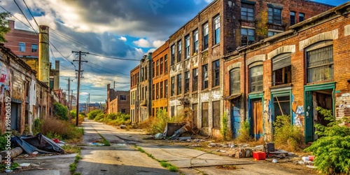 Abandoned, graffiti-covered buildings and litter-strewn streets depict urban decay and neglect in a once-thriving industrial neighborhood plagued by poverty and economic downturn. photo