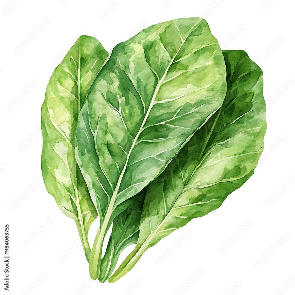 Fototapeta premium Watercolor Illustration of Fresh Green Spinach Leaves.