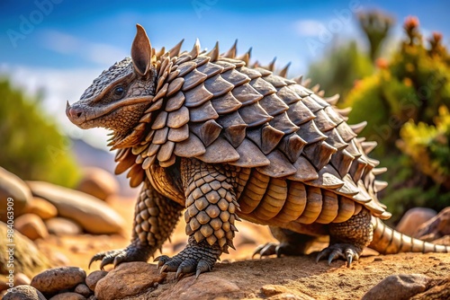 Armored creature, Cordylus cataphractus, also known as the armadillo lizard, stands upright on rocky terrain, showcasing its unique body armor and spiked scales. photo