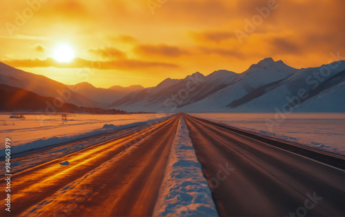 Empty highway in winter during sunset. Winter landscape.