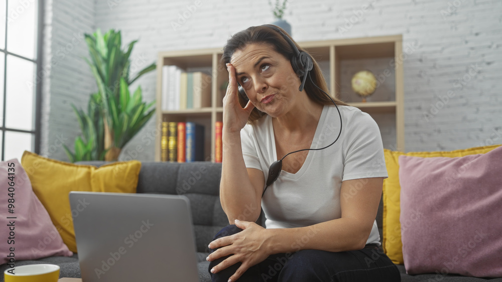 A concerned hispanic woman with headphones sits on a couch indoors, looking at a laptop in a living room setting. A concerned hispanic woman with headphones sits on a couch indoors, looking at a laptop in a living room setting.