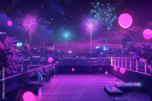 A rooftop birthday party with holographic fireworks lighting up the night sky, Futuristic, Neon accents, Digital illustration