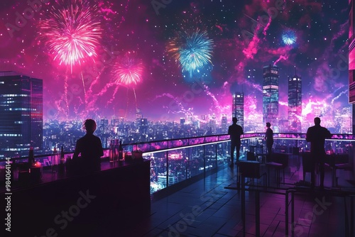 A rooftop birthday party with holographic fireworks lighting up the night sky, Futuristic, Neon accents, Digital illustration