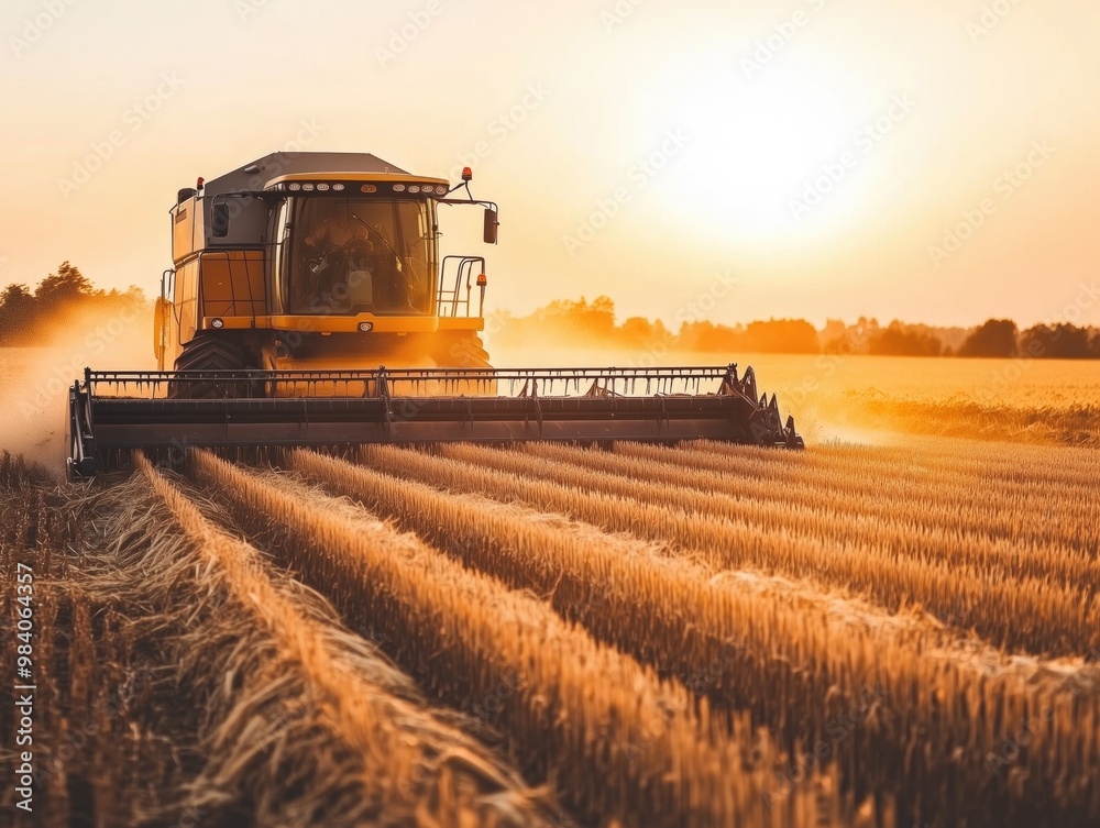 Fototapeta premium Agricultural combine harvesting on the farming field, beautiful sunset in the background. Agriculture food industry