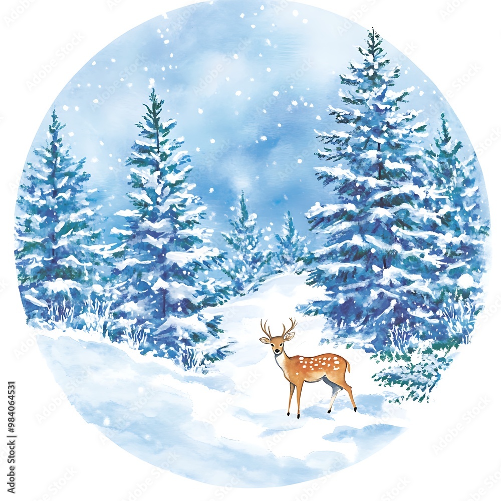 Watercolor Painting of a Deer in a Snowy Forest. Watercolor Painting of a Deer in a Snowy Forest.