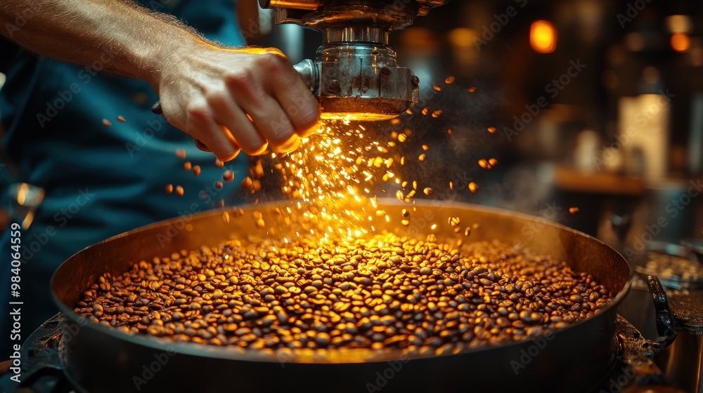 A close-up of coffee roasting, showcasing vibrant sparks and rich coffee beans in a warm, inviting atmosphere. A close-up of coffee roasting, showcasing vibrant sparks and rich coffee beans in a warm, inviting atmosphere.