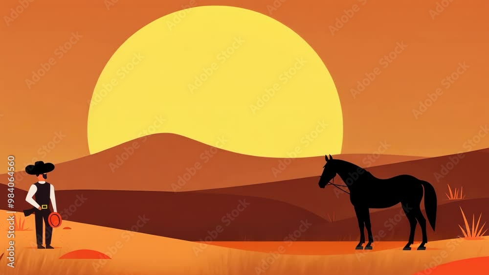 Lone cowboy in a field with horse under a bright orange sky. Lone cowboy in a field with horse under a bright orange sky.