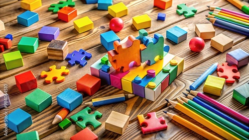 Colorful blocks and puzzle pieces scattered on a wooden table, surrounded by crayons and toys, inviting young minds to engage in creative problem-solving activities. photo