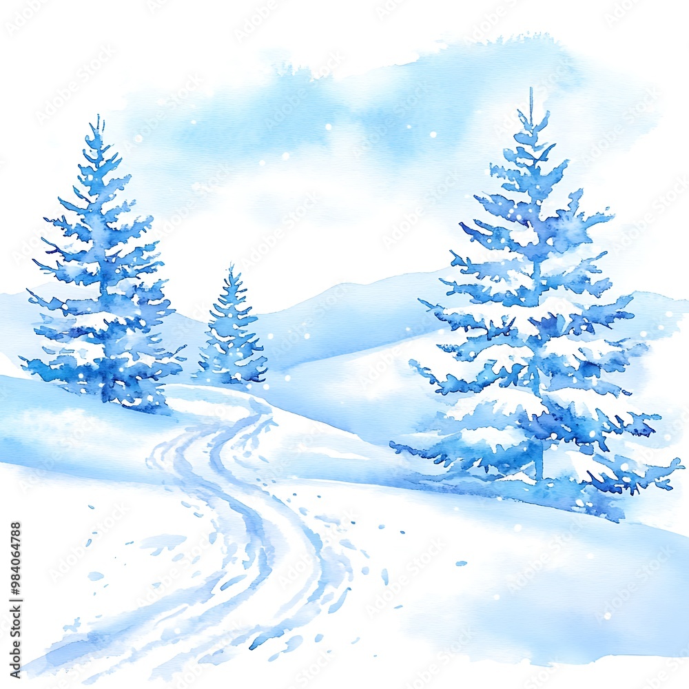 Watercolor Painting of a Snowy Landscape with Pine Trees. Watercolor Painting of a Snowy Landscape with Pine Trees.