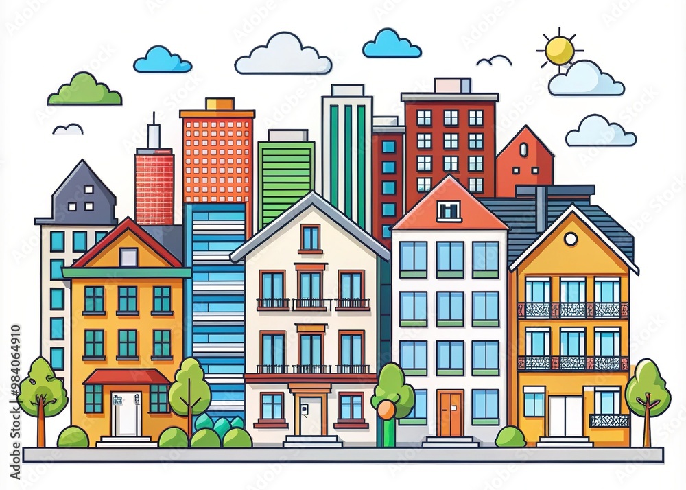 Naklejka premium Colorful illustration of various housing icons including apartments, houses, condominiums, and buildings set against a white background with clean lines and minimalist design.
