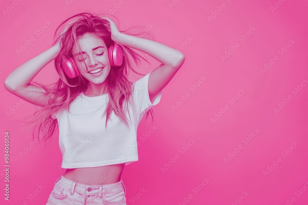 Happy girl dancing to music in monochrome portrait. Happy girl dancing to music in monochrome portrait.
