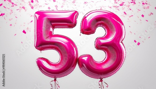 Pink birthday / anniversary balloon, number 53, white background with confetti