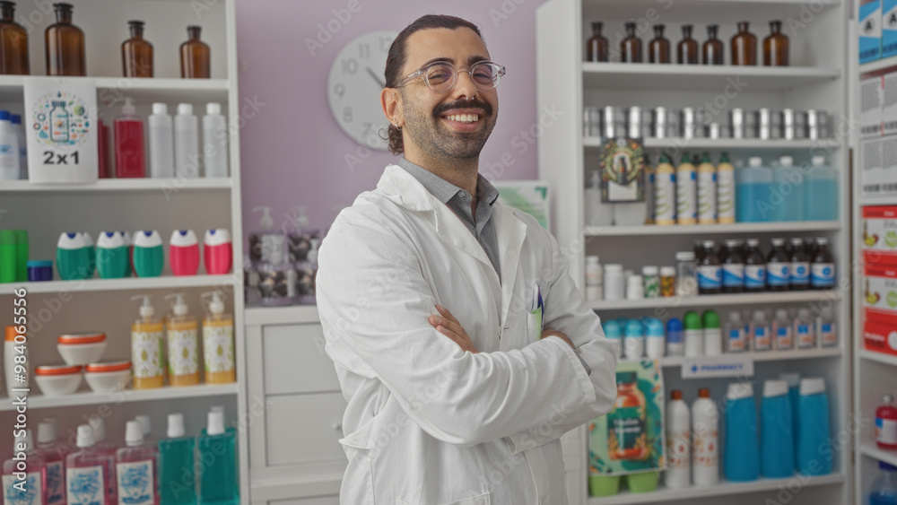 Young hispanic man with a moustache and glasses in a pharmacy with his arms crossed and shelves of medical supplies in the background Young hispanic man with a moustache and glasses in a pharmacy with his arms crossed and shelves of medical supplies in the background